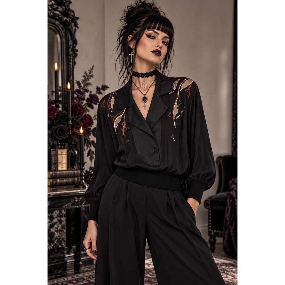 Vintage Cliché 100% Silk Beaded Embroidered Black Blouse Size 8 Corporate Goth